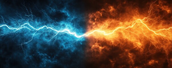 Clash of Elements: Fiery Orange and Icy Blue Lightning