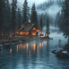 Fototapeta premium Cozy Cabin by Lake, Winter Forest Escape