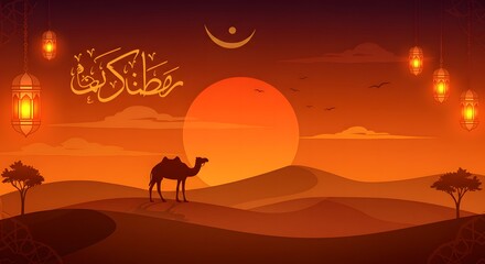 Naklejka premium Ramadan Kareem Desert Sunset with Camel Silhouette and Lanterns
