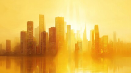 Fototapeta premium Golden metropolis skyline reflecting in tranquil waters under a hazy sun