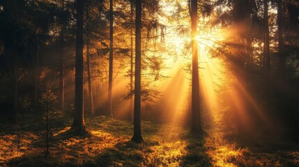 Fototapeta premium Sunlight beams through the trees of a forest, creating a mystical and ethereal atmosphere