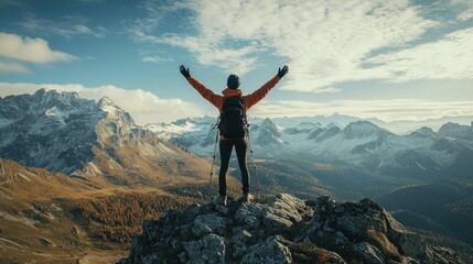 Obraz premium A hiker reaching the summit of a mountain, arms raised in victory