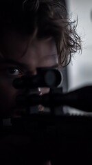 Man aims rifle in dark room, focusing on the target