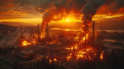 Dramatic sunset over an oil refinery engulfed in flames, creating a powerful image of industrial disaster and environmental impact.