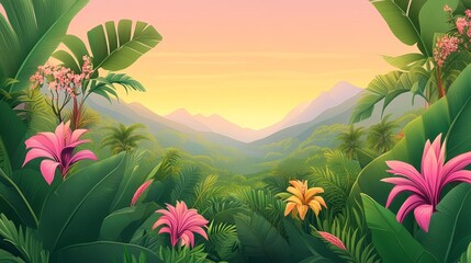 Fototapeta premium Enchanting tropical paradise backdrop with lush vegetation and distant mountains under a pastel sky creating a serene and vibrant scenic view