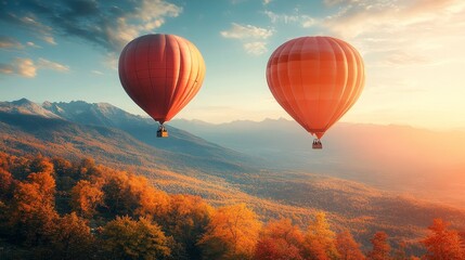 Fototapeta premium Scenic Hot Air Balloon Ride Over Autumnal Forest Landscape at Sunset Adventure and Freedom with Two Balloons on the sky above the mountains