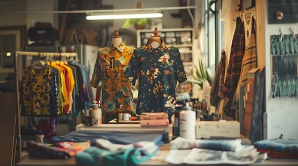 Vibrant Textile Workshop with Colorful Patterns and Creative Garment Displays