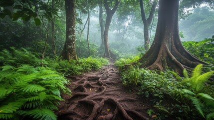 rain trees interspersed among dense ferns, their massive roots twisting along the forest floor like ancient serpents