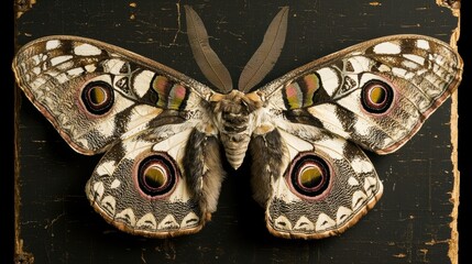 A moth with a black and white body and brown wings with pink and green spots.