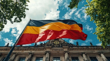 A large Germany flag displayed on a building during a national celebration