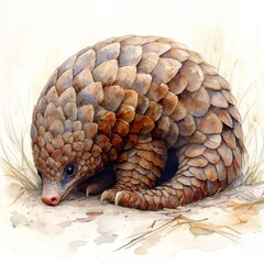Obraz premium A cute and charming illustration of a curled-up pangolin in a natural setting, showcasing its unique scales and gentle demeanor.