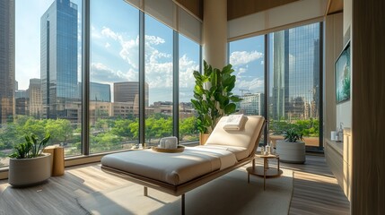 luxurious recovery room with floor-to-ceiling windows, soft ambient music, and a personalized wellness program
