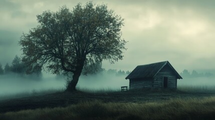 Lonely cabin in a foggy forest