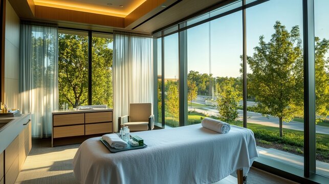 recovery room with floor-to-ceiling windows, soft ambient music, and a personalized wellness program