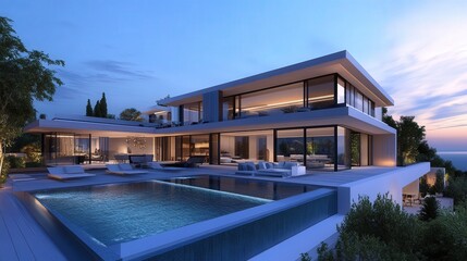 Fototapeta premium mansion with sleek modern architecture, smart technology integrated into every room, and panoramic windows offering breathtaking views.