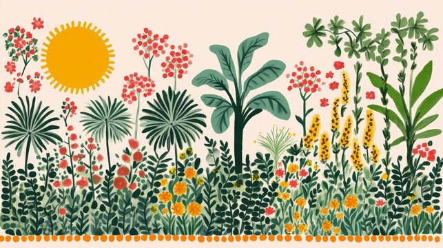 Vibrant tropical botanical illustration with sunlight nature drawing for summer backdrop or colourful background of paradise garden