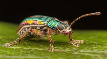 Naklejka premium A close-up of a colorful beetle with a shiny metallic shell and long antennae.