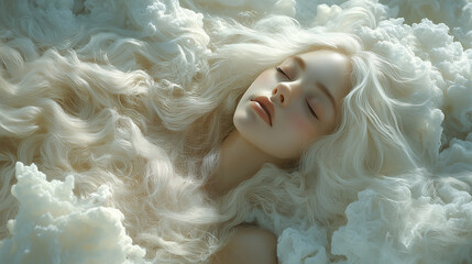 Fototapeta premium Ethereal Woman with Flowing White Hair Resting on Soft Cloud-Like Surface 