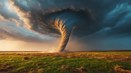 Powerful Tornado Forms Over a Field at Sunset