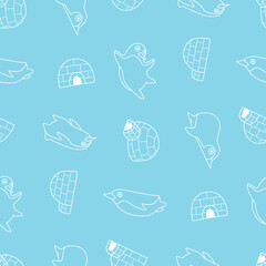 Outline Penguin Animal Igloo Pattern Vector Illustration Seamless for Background Wallpaper Packaging Cover