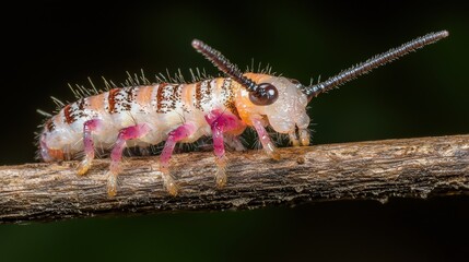 A small, colorful insect with long antennae and legs.