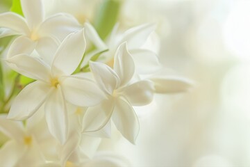 Fototapeta premium Delicate white jasmine in soft focus on a light background with subtle bokeh effect for nature and floral themed projects. Macro flower backdrop concept.