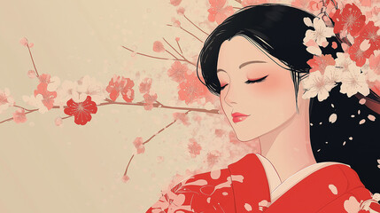 Fototapeta premium Cartoon beautiful Japanese girl illustration 