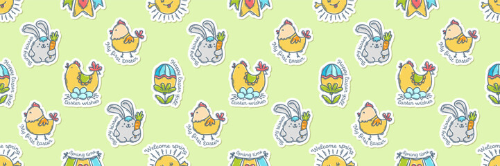 Easter colorful doodle icons stickers with quotes seamless pattern, hand-drawn spring hunt theme background, cute symbols, elements and lettering collection.
