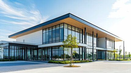 Modern Architectural Building Exterior with Large Glass Windows and Blue Sky Background
