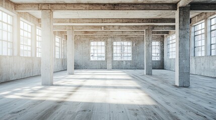 Obraz premium Empty Industrial Warehouse with Concrete Columns and Sunlight