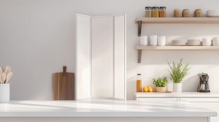 neat, functional kitchen with white countertops and a folding screen near a clean white wall, giving the room a feeling of open space and calm