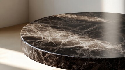 sophisticated espresso marble tabletop, reflecting moody lighting, forming subtle yet refined abstract shadows.