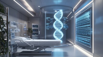 70. A high-tech hospital room with an AI-driven holographic DNA model showing genetic mutations and personalized gene therapy recommendations for a patient