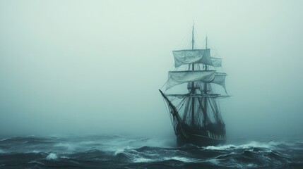 Fototapeta premium Ship sailing through fog and rough waters.