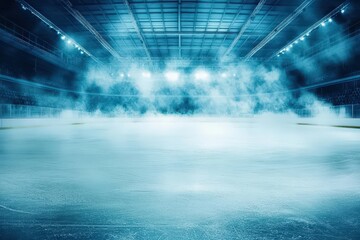 Spectator area shines under dim lights, enhancing the ice rink's mystique.