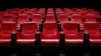 Obraz premium Empty rows of red seating create a serene atmosphere in the movie theater.
