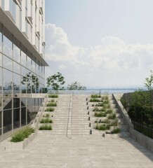 Office exterior facade work space business center architecture design minimalism style of glass windows and tile walls white and gray colors, grass and greenery around. 3D Rendering