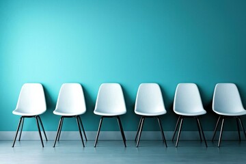 A modern, minimalistic waiting room featuring white chairs.