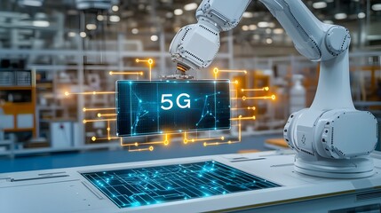 A futuristic robotic arm controlled via 5G technology with glowing network lines visualizing the real time communication and connectivity powering the next of industrial innovation and automation