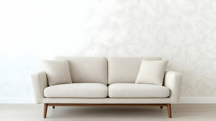 Comfortable Beige Sofa With Pillows And Wooden Legs Against White Patterned Wall
