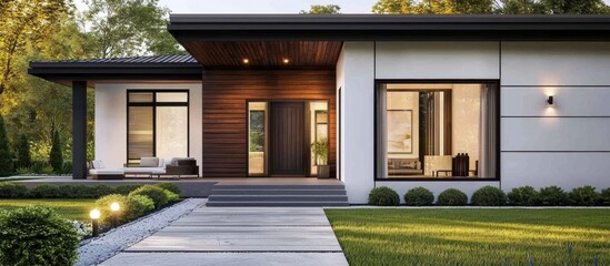 Obraz premium Modern and stylish house featuring a comfortable porch.