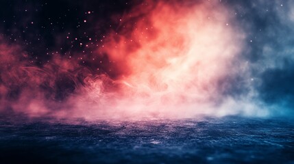 Fototapeta premium Abstract background with red and white smoke over a blue water surface and starry night sky.