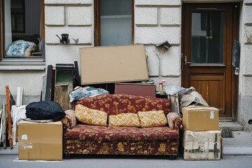 Discarded Sofa and Belongings Outside a Building