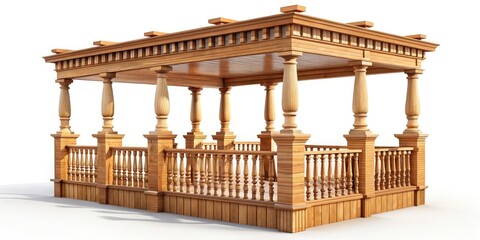 Fototapeta premium 3D Rendered Wooden Balustrade, Pergola, Columns: Bokeh Effect Photorealistic Image