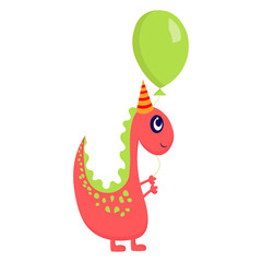 Cute pink and green dinosaur with a green balloon on a white background.