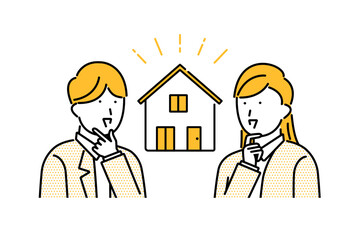 理想のマイホームを見つけて嬉しい若い夫婦のイラスト