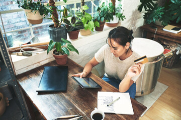 Above, woman and tablet with credit card at store of online shopping, order supplies and payment....