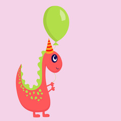 Cute pink and green dinosaur with a green ball on a pink background.