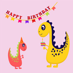 Birthday card with dinosaur character on pink background.