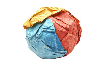 colorful, crumpled paper ball featuring blue, red, and yellow sections, showcasing playful and creative design. Perfect for art projects or children activities
